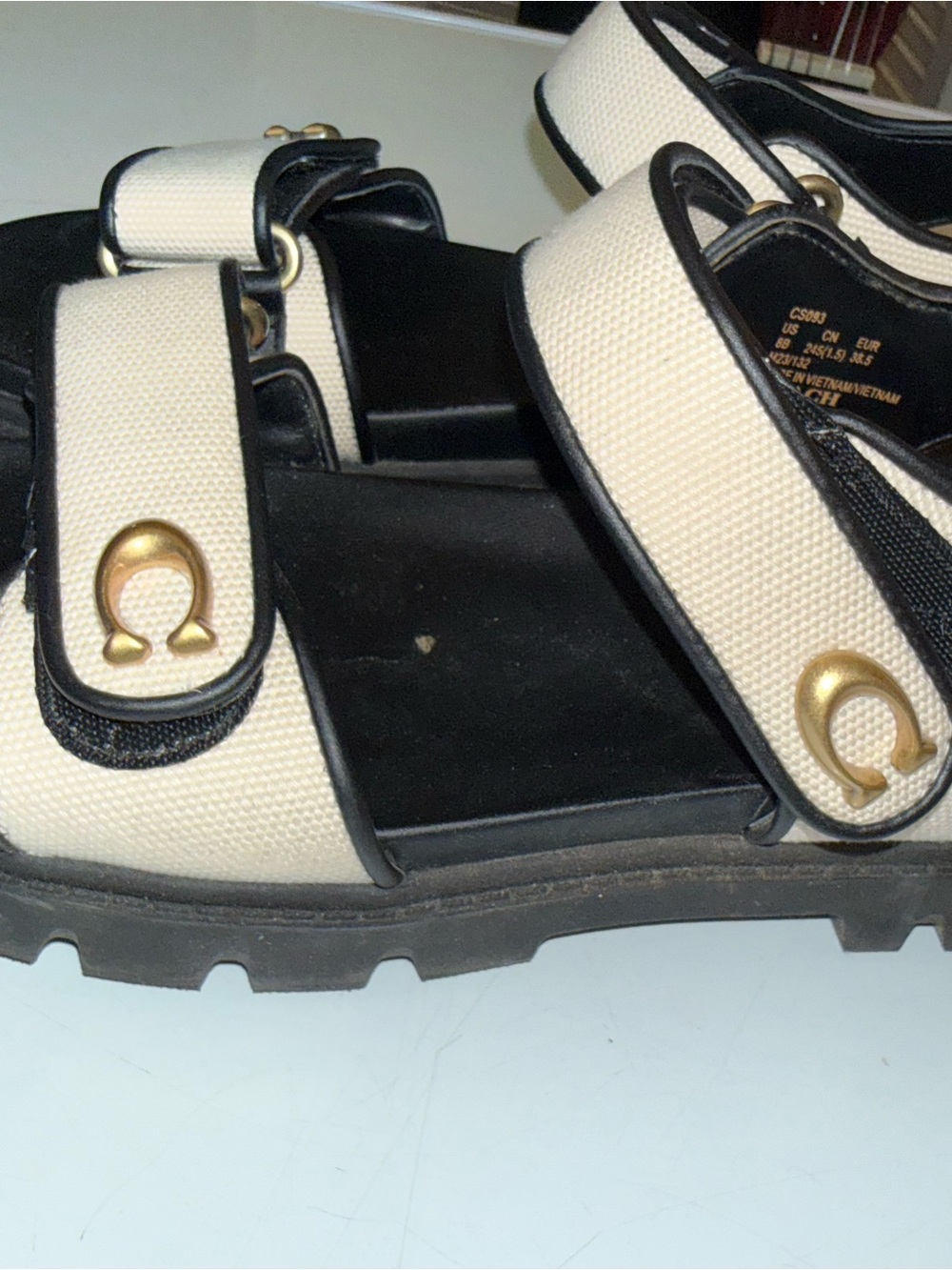 Coach Brynn Black & Beige Canvas Strappy Sandals - Picture 3 of 5